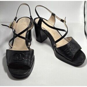 Chanel Block Heels Platform Black CC Logo Leather Sandals Vintage Sz EU 39 9